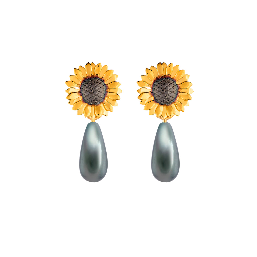 SUNFLOWER EARRINGS WITH BLACK DROP PEARL