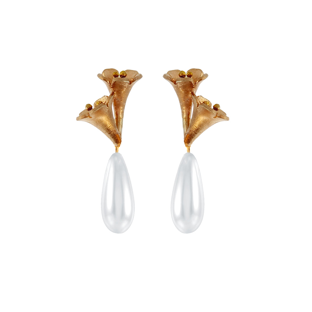 Trumpet Vine Earrings with Drop Pearl