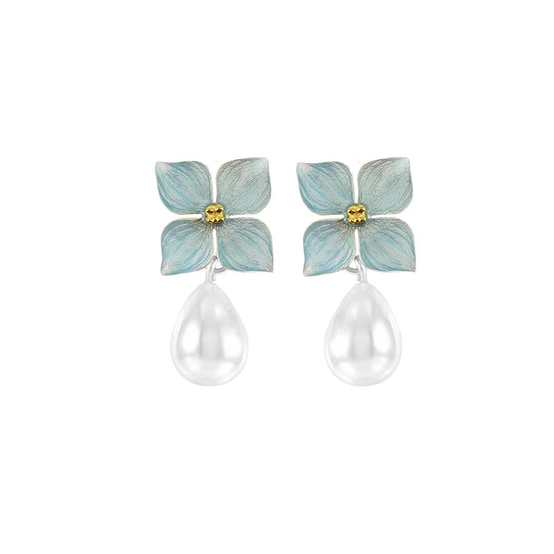 Blue Hydrangea Earrings with Drop Pearl