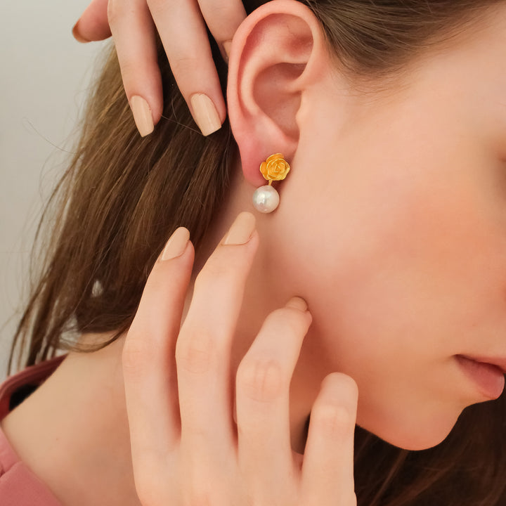 Yellow Rose Earrings with Pearl