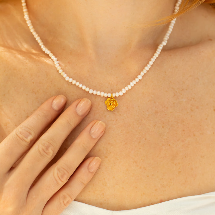 Yellow Rose Floral Pearl Necklace