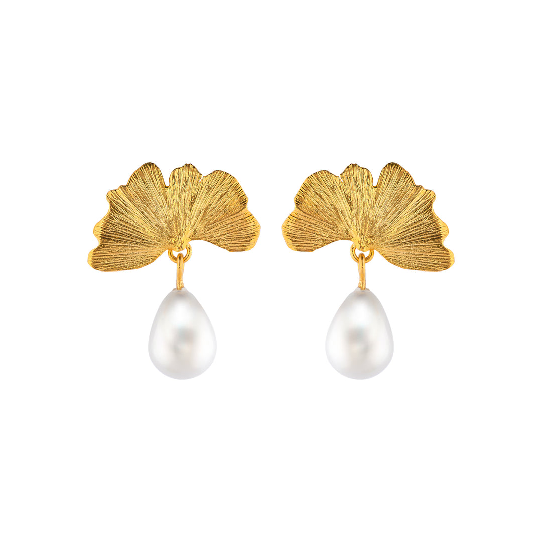 Ginkgo Earrings with Drop Pearl