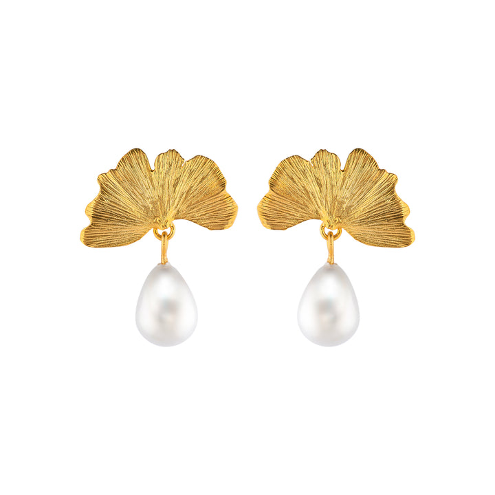 Ginkgo Earrings with Drop Pearl