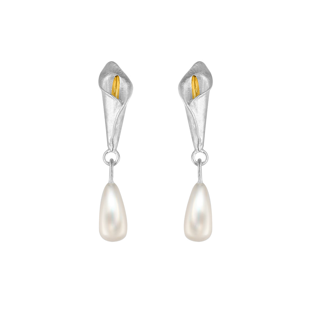 White Calla Earrings ith Drop Pearl