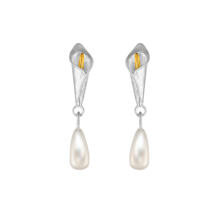 White Calla Earrings ith Drop Pearl