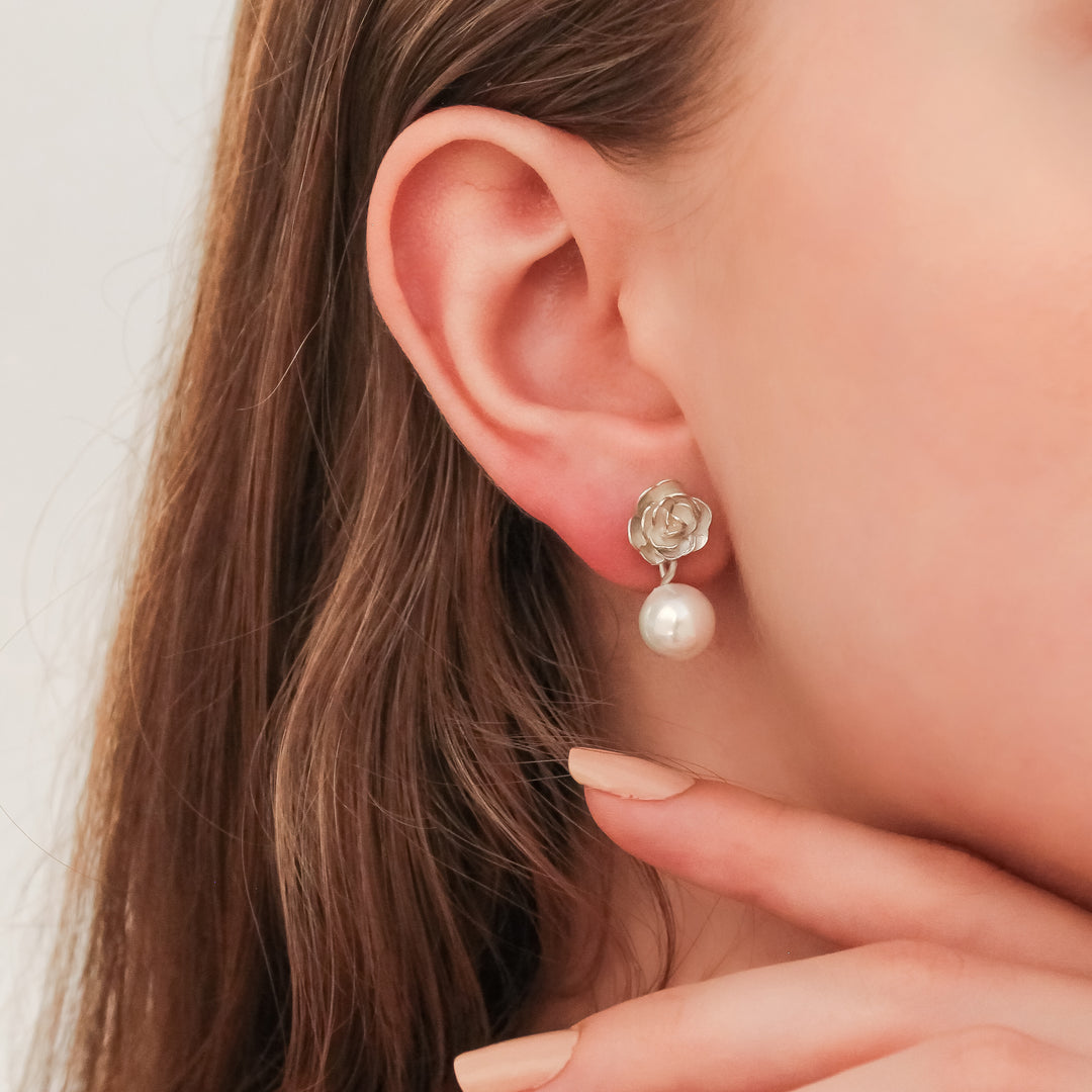 White Rose Earrings with Pearl