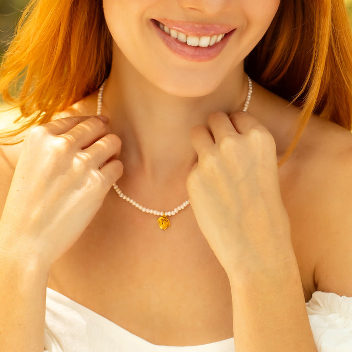 Yellow Rose Floral Pearl Necklace