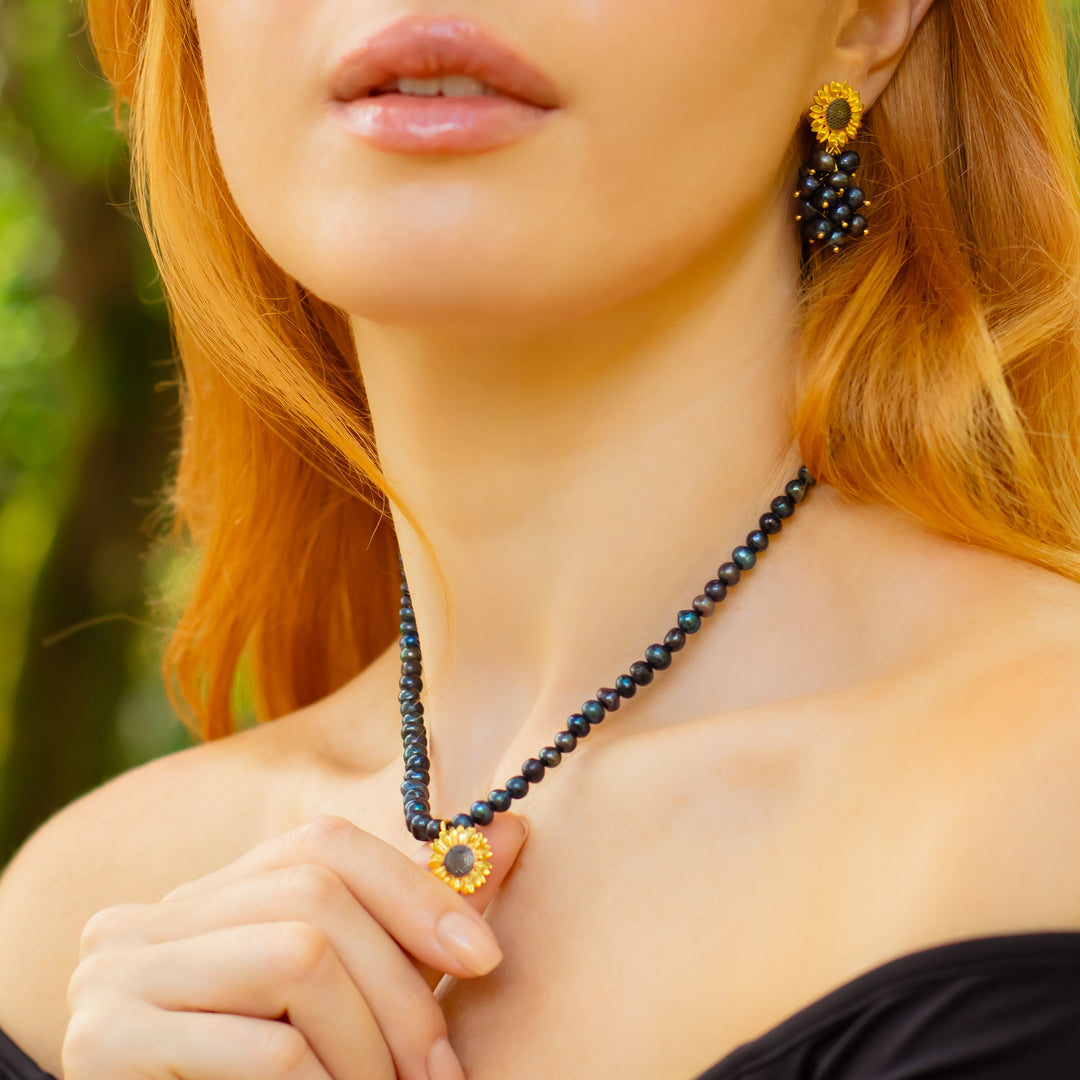 Sunflower Necklace with Black Pearls