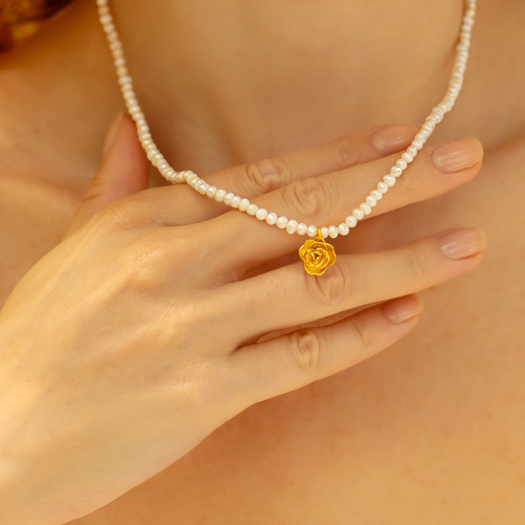 Yellow Rose Floral Pearl Necklace