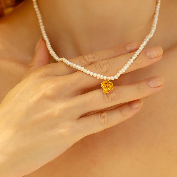 Yellow Rose Floral Pearl Necklace