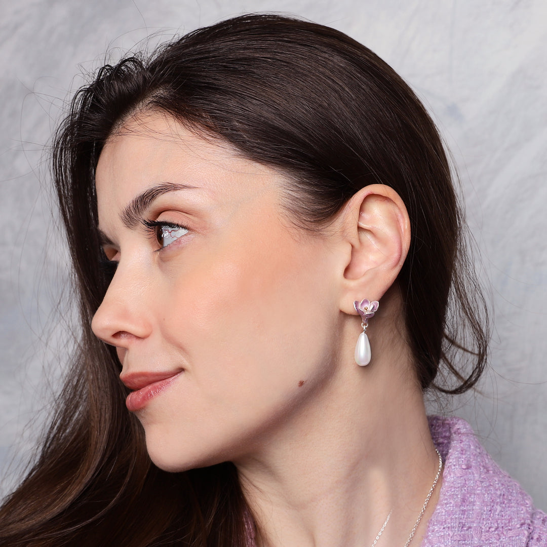 Purple Crocus Earrings with Drop Pearl