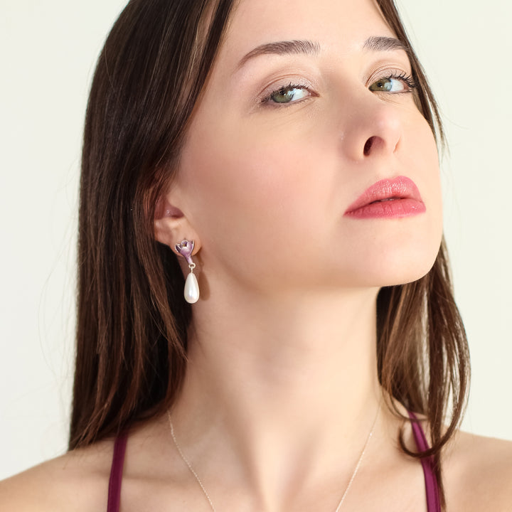Purple Crocus Earrings with Drop Pearl