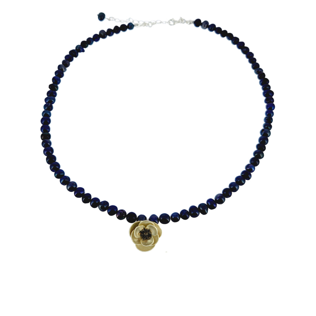 Black Pearl Necklace with Anemone Flower