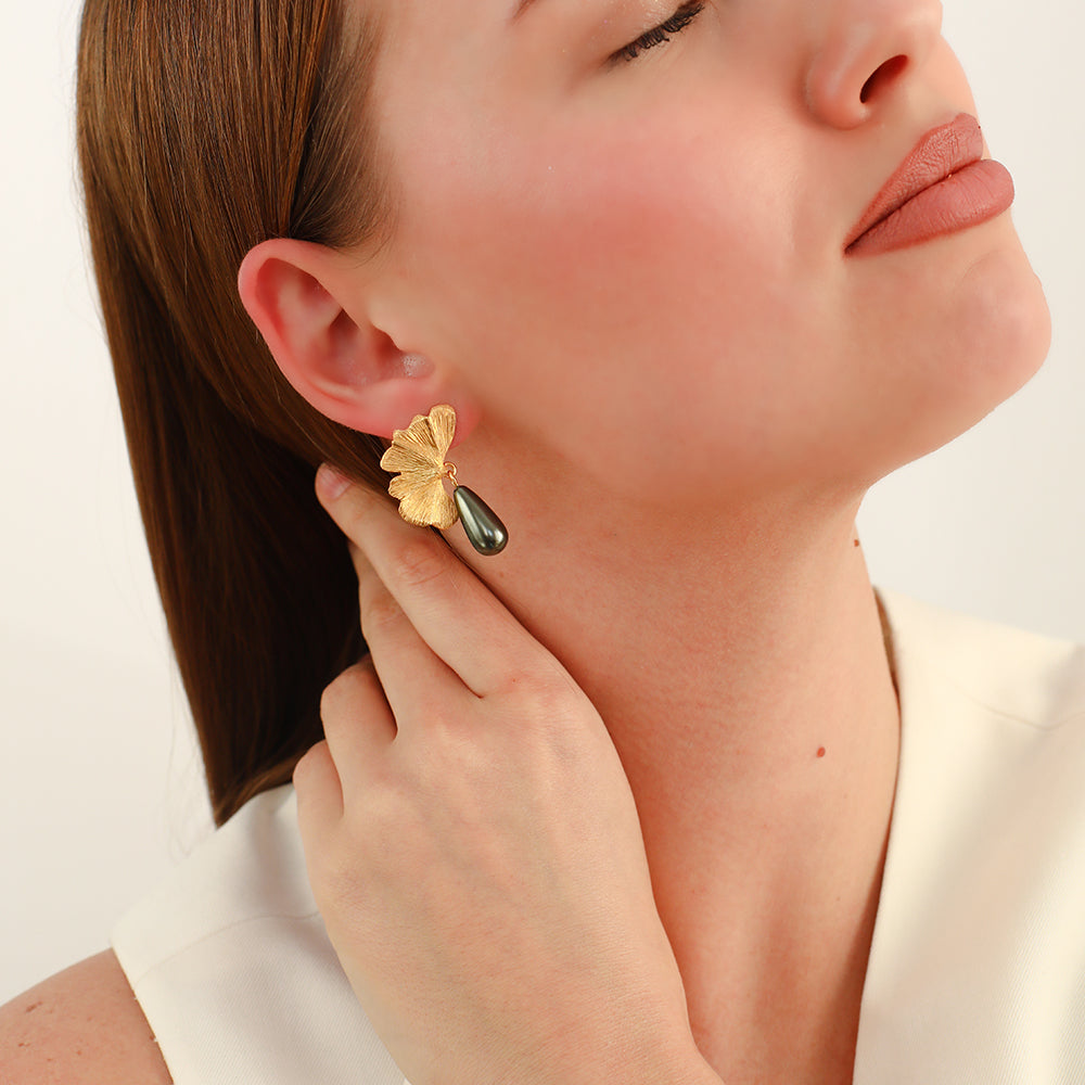 Ginkgo Earrings with Black Drop Pearl