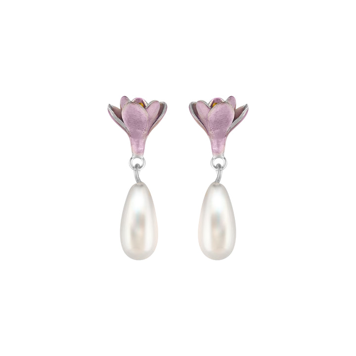 Purple Crocus Earrings with Drop Pearl