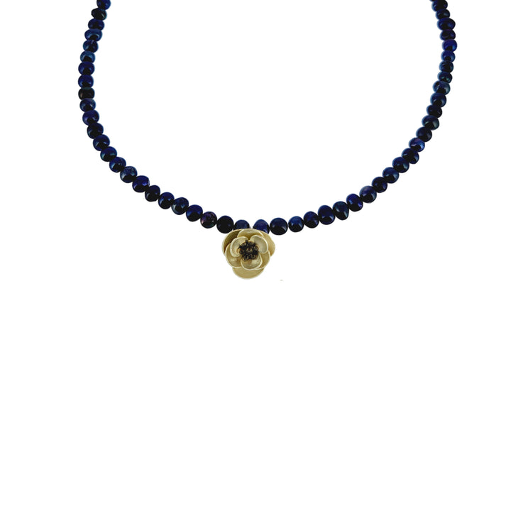 Black Pearl Necklace with Anemone Flower