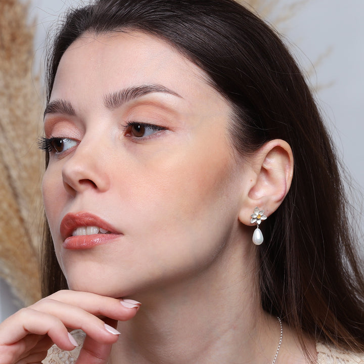 Daffodil Earrings with Drop Pearl