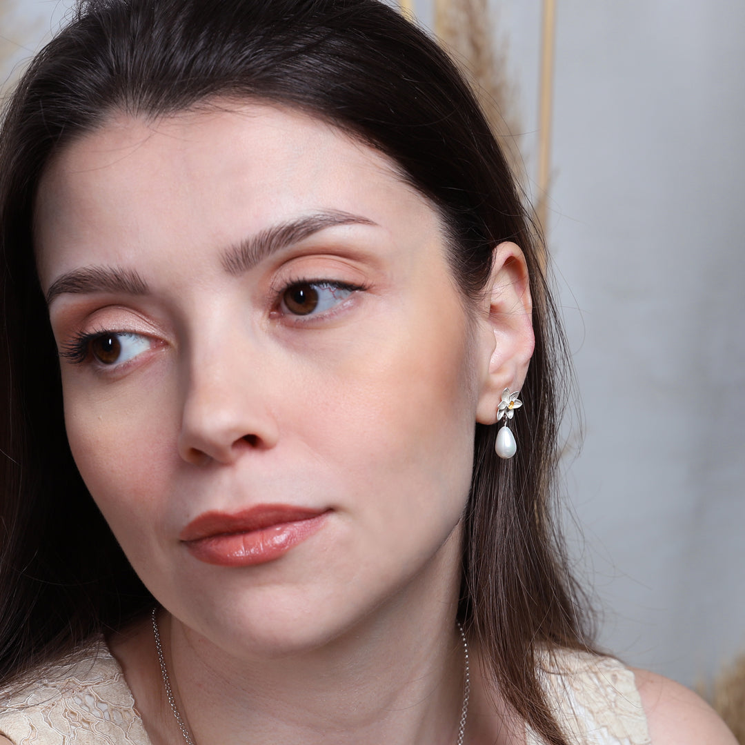 Daffodil Earrings with Drop Pearl