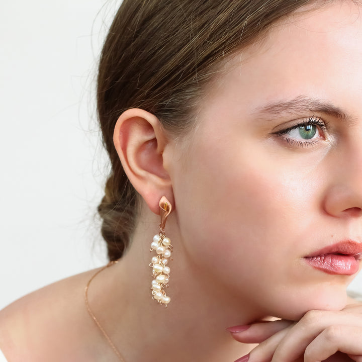 PINK CALLA LILY EARRINGS WITH CLUSTER PEARLS