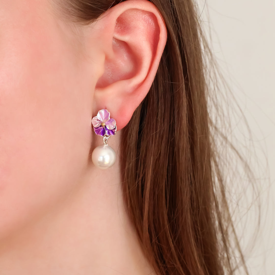 Pansy Flower Earrings with Pearl