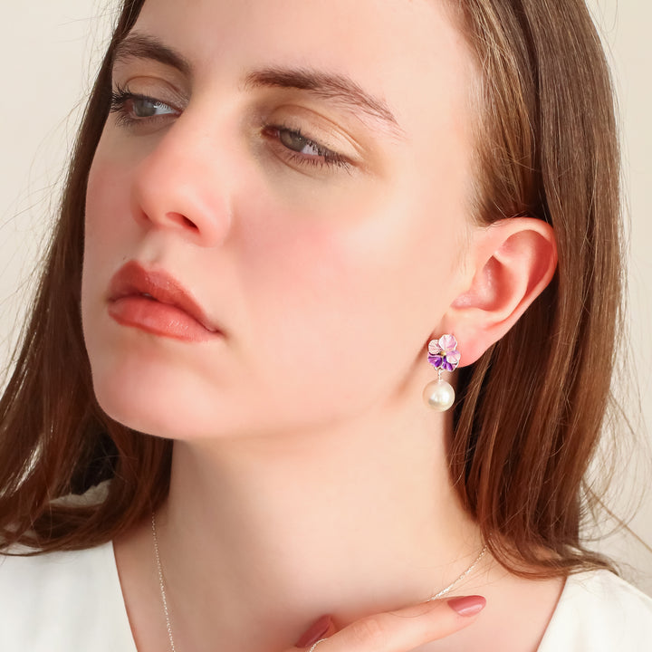 Pansy Flower Earrings with Pearl