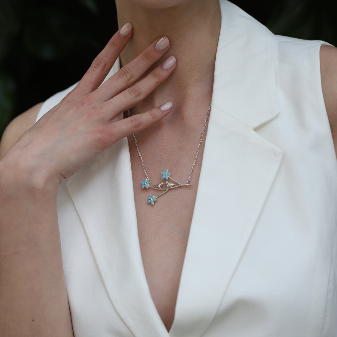 Forget Me Not Flower and Dove Bird Necklace