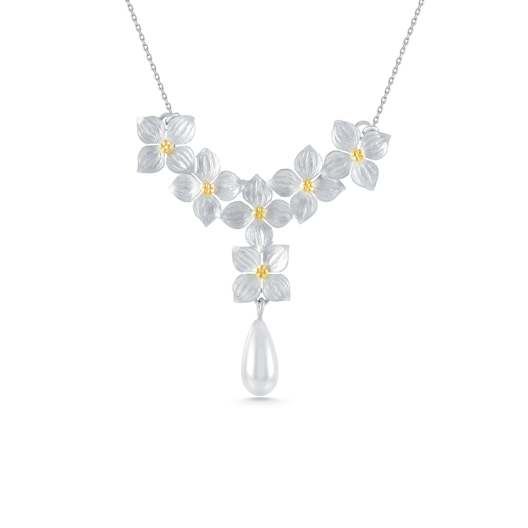 White Hydrangeas Necklace with Drop Pearl
