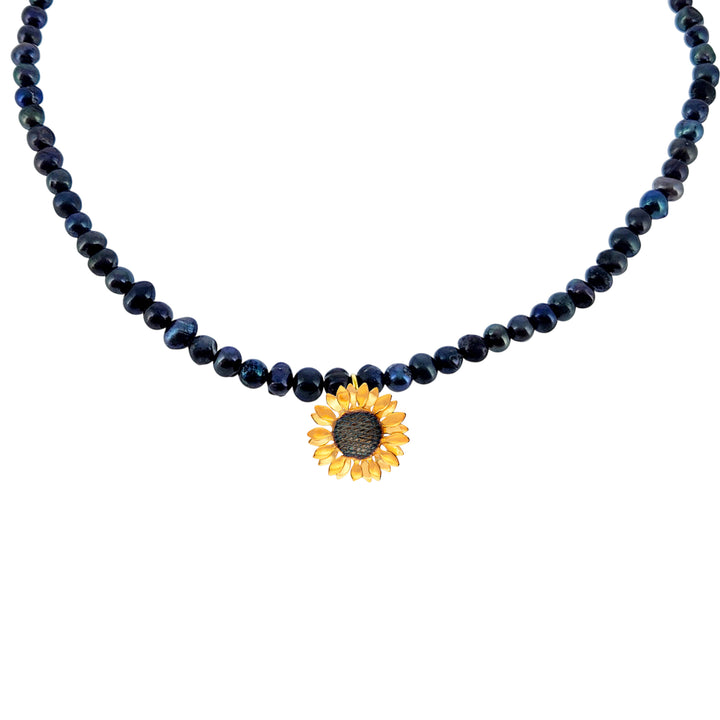 Sunflower Necklace with Black Pearls