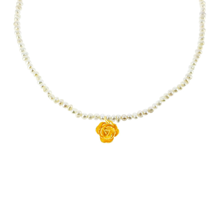 Yellow Rose Floral Pearl Necklace