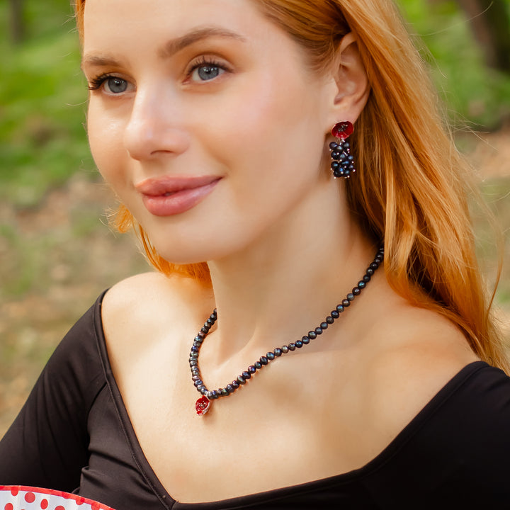 Black Pearl Necklace with Poppy Flower