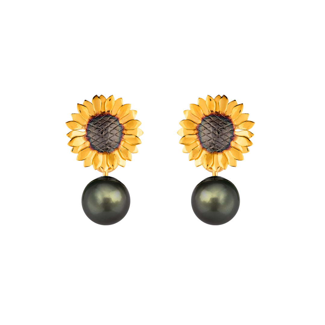 Sunflower Earrings with Black Drop Pearl