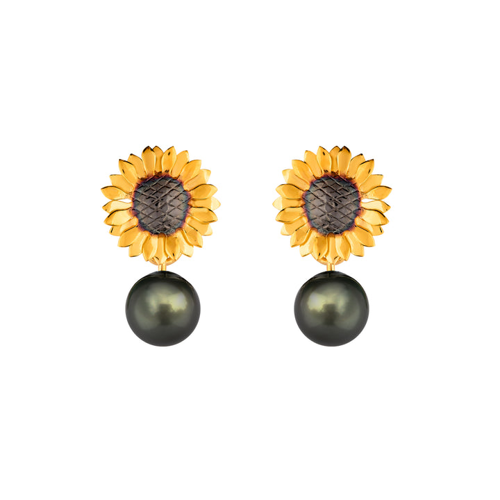 Sunflower Earrings with Black Drop Pearl