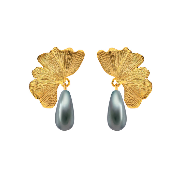 Ginkgo Earrings with Black Drop Pearl